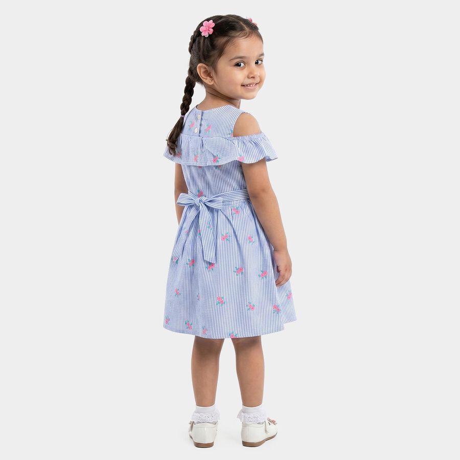 Girls' Light Blue Fit and Flare Striped Floral Print Frock, Light Blue, large