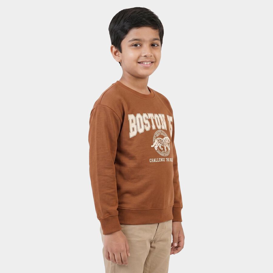 Boys Brown Crew Neck Pullover Sweatshirt, भूरा, large