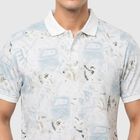 Men's White Cotton Polo Neck Printed T-Shirt, सफ़ेद, small