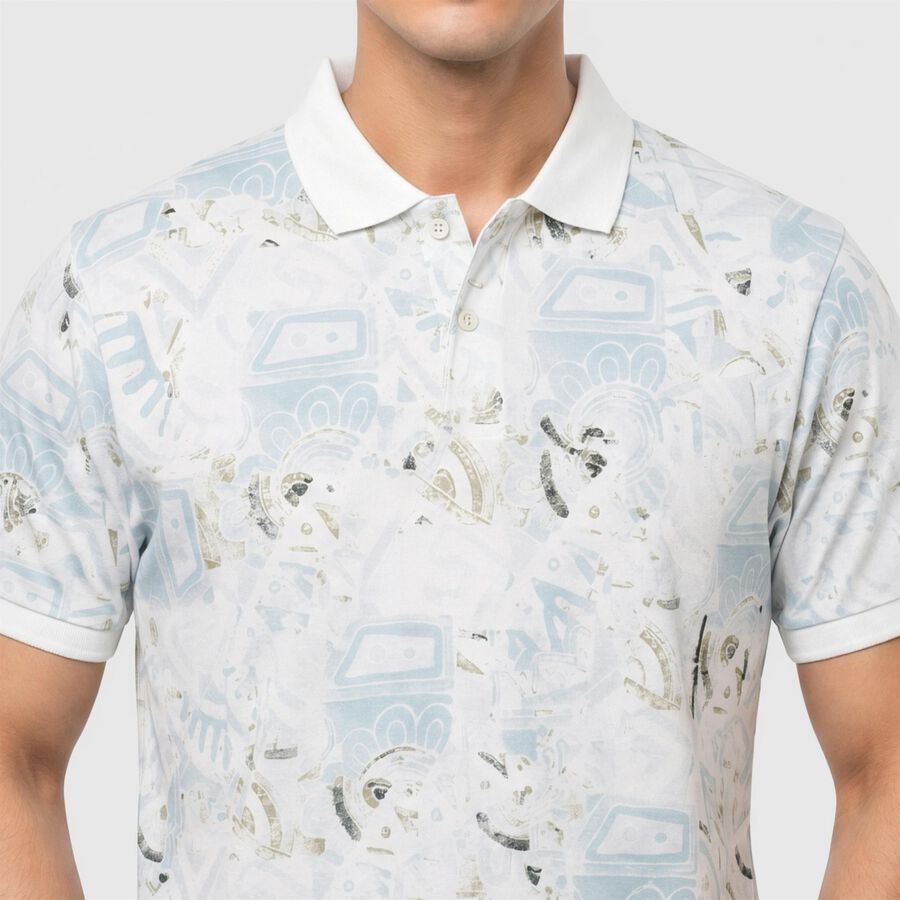 Men's White Cotton Polo Neck Printed T-Shirt, सफ़ेद, large