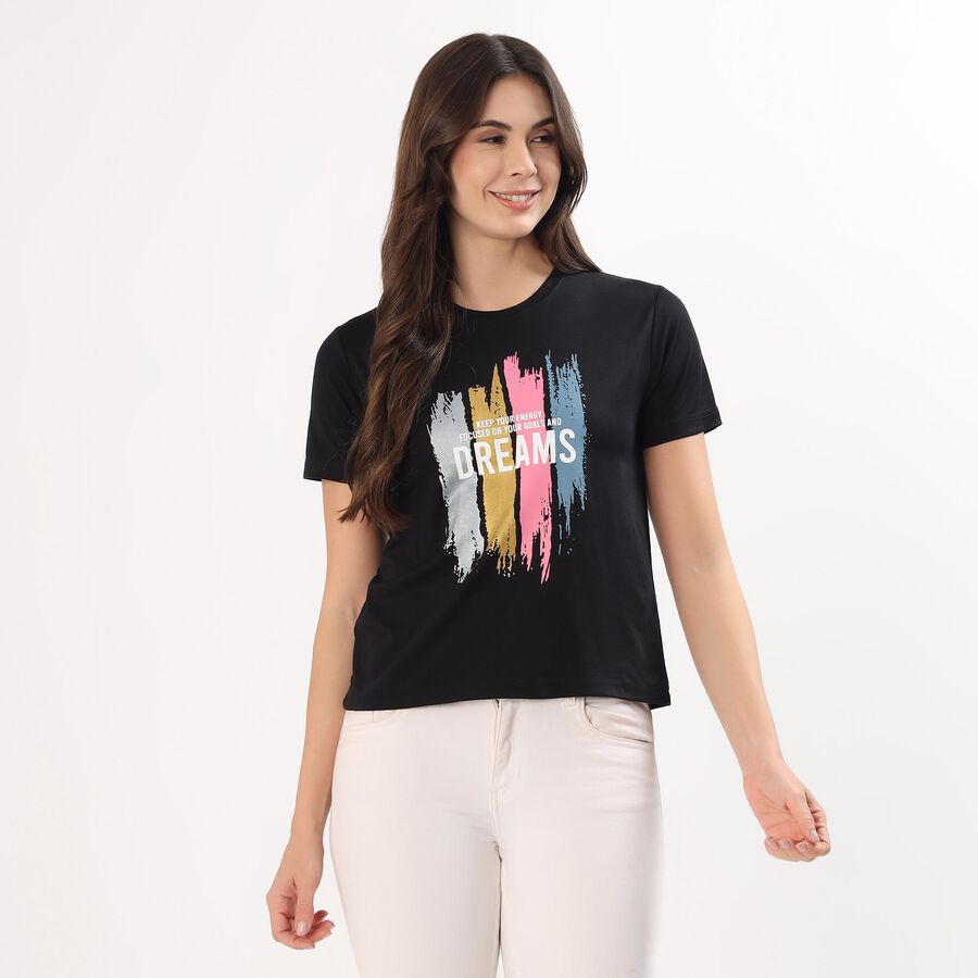 Women's Jet Black Round Neck Casual T-Shirt, Black, large