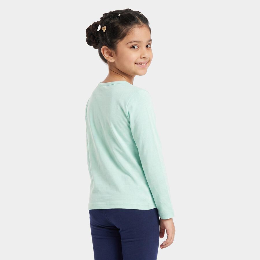 Girls' Mint Green Cotton Round Neck Regular Top, हल्का हरा, large