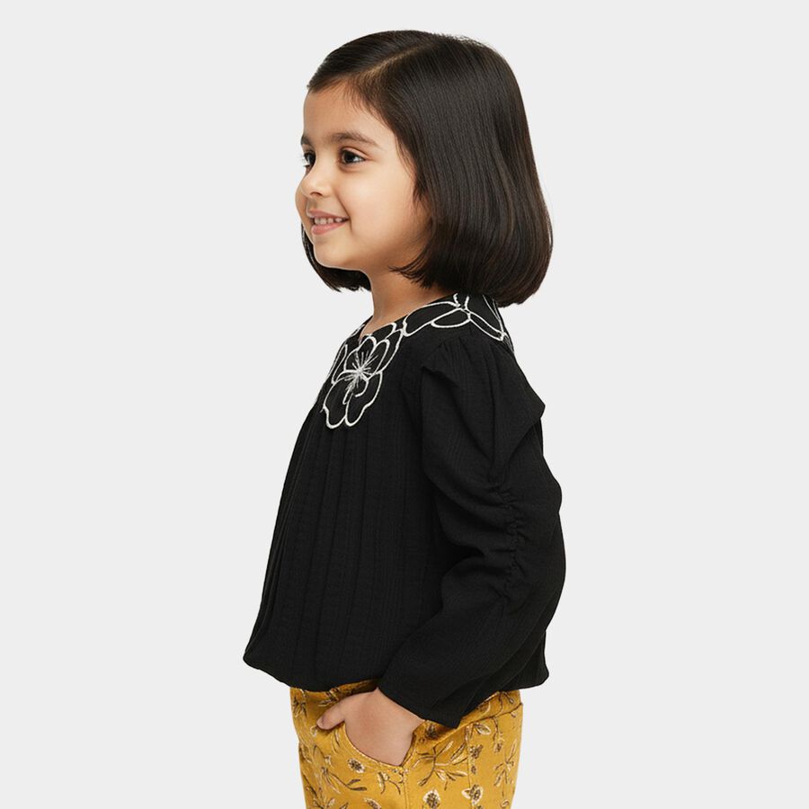 Girls' Black Round Neck Romantic T-Shirt, Black, large