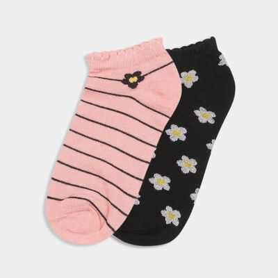 Girls' Pink and Black Regular Fit Patterned Socks Pack of 2