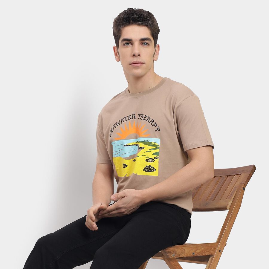Men's 100% Cotton Round Neck Half Sleeves T-Shirt , Beige, large