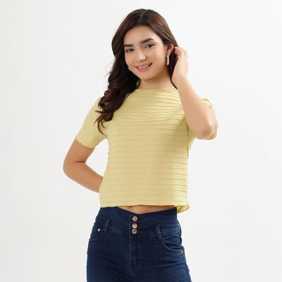 Ladies' Light Yellow Round Neck Casual Crop Top