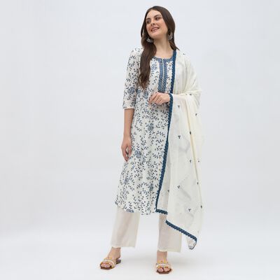 Women's Ivory White Round Neck Embroidered Kurta, Mid Blue Women's Ivory White Round Neck Embroidered Kurta
