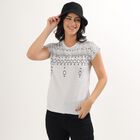 Ladies Light Grey Round Neck Geometric Print T-Shirt, Ecru Melange, small image number null