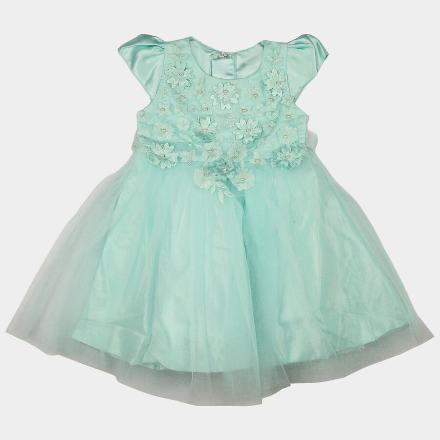 Girls' Mint Green Fit and Flare Floral Applique Party Wear Frock, Light Green, large