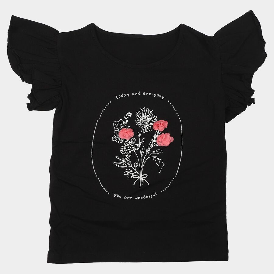 Girls Black Cotton Round Neck Regular T-Shirt, Black, large
