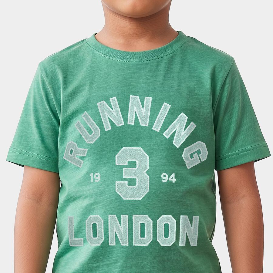 Boys' Green Crew Neck Regular Graphic Print T-Shirt, हल्का हरा, large