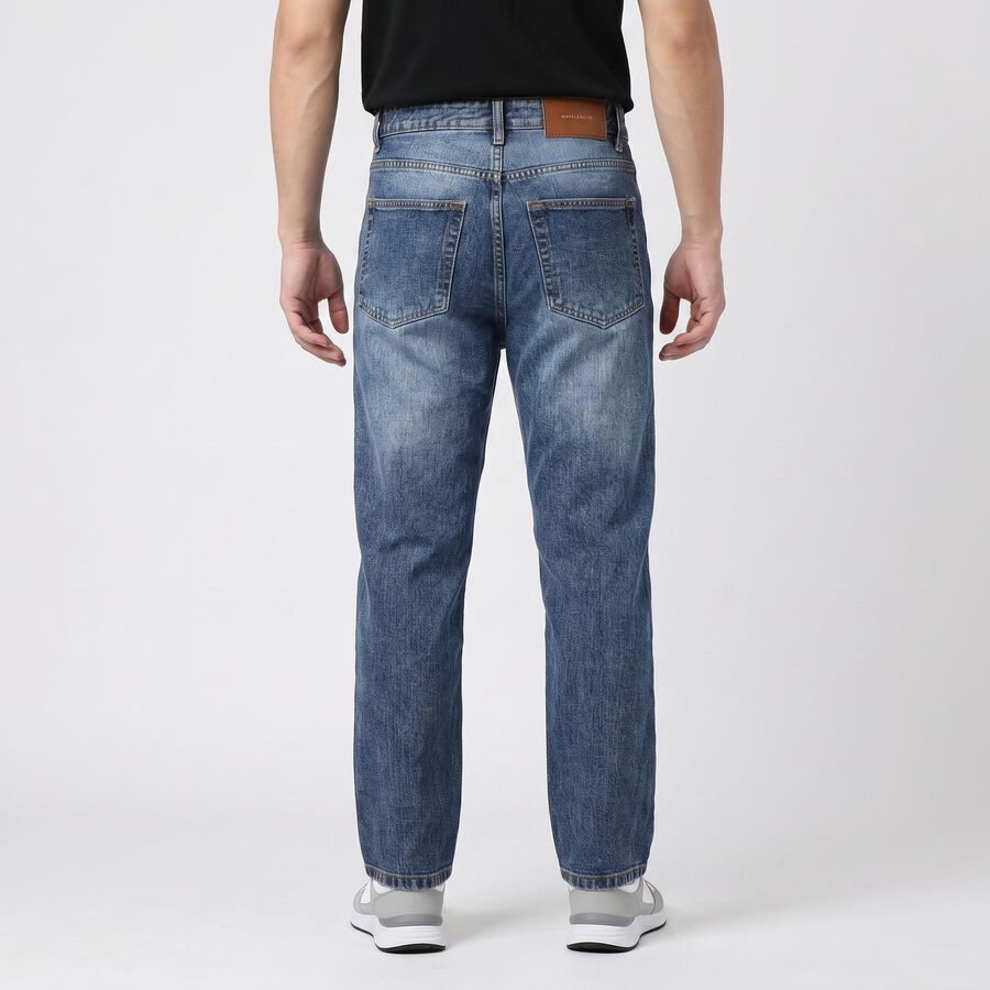 Men's Blue Straight Fit Washed Jeans, गहरा नीला, large