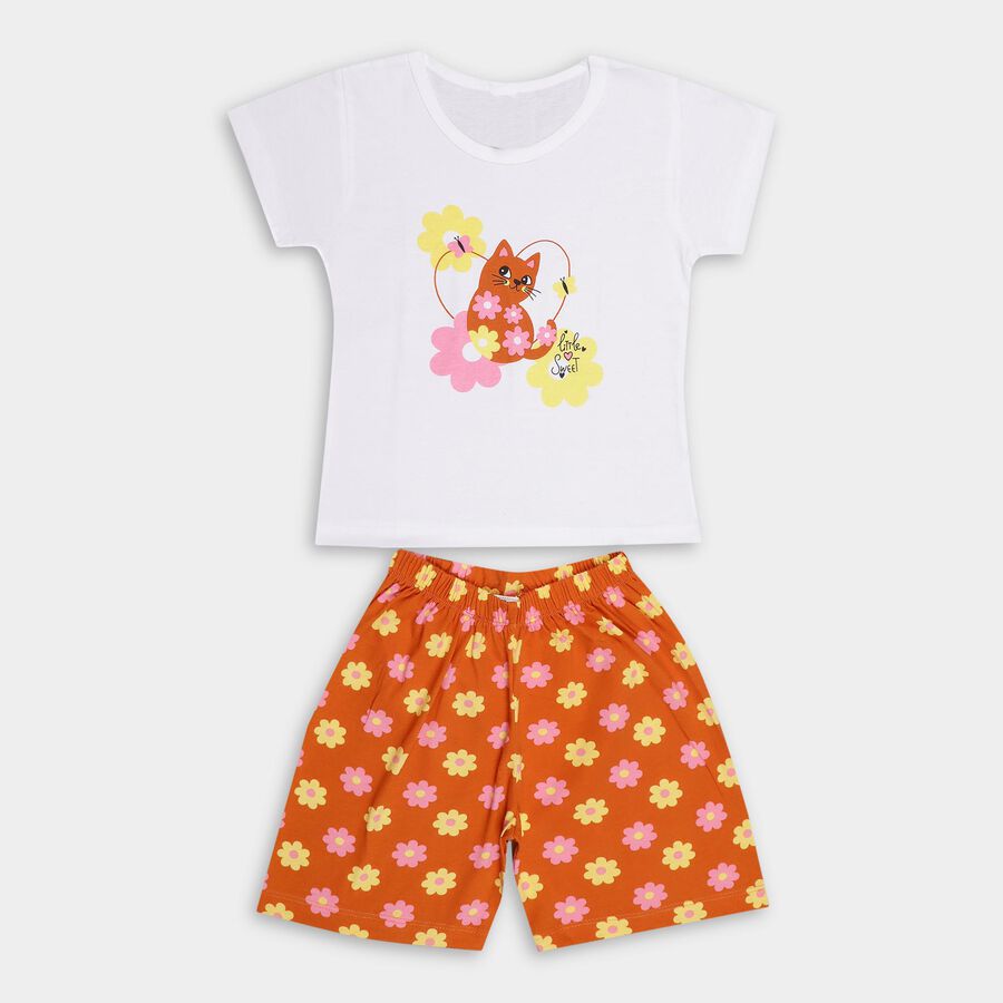 Girls' White Cotton Round Neck Cat Graphic Baba Suit, White, large image number null
