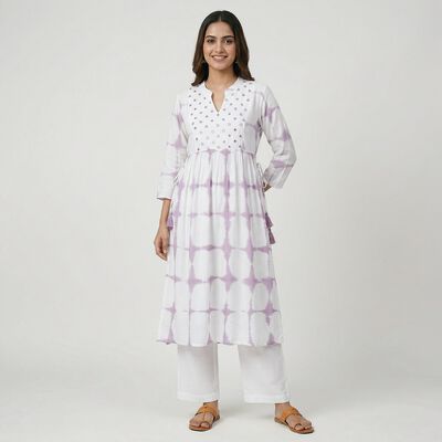 Women's Lilac Viscose Round Neck Solid Kurta