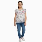 Girls White Round Neck Casual Printed T-Shirt, White, small