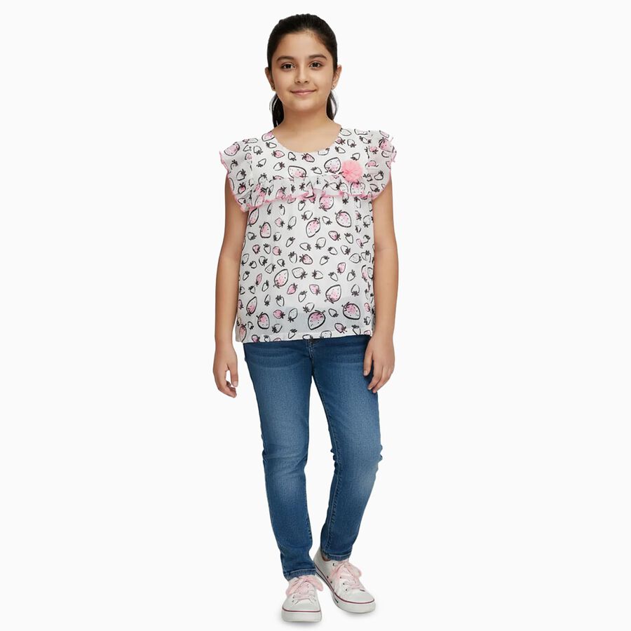 Girls White Round Neck Casual Printed T-Shirt, White, large