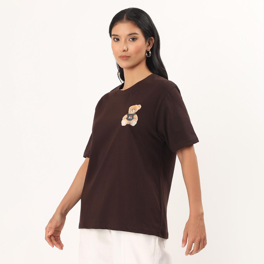 Women's Brown Cotton Round Neck Minimalist T-Shirt, Brown, large