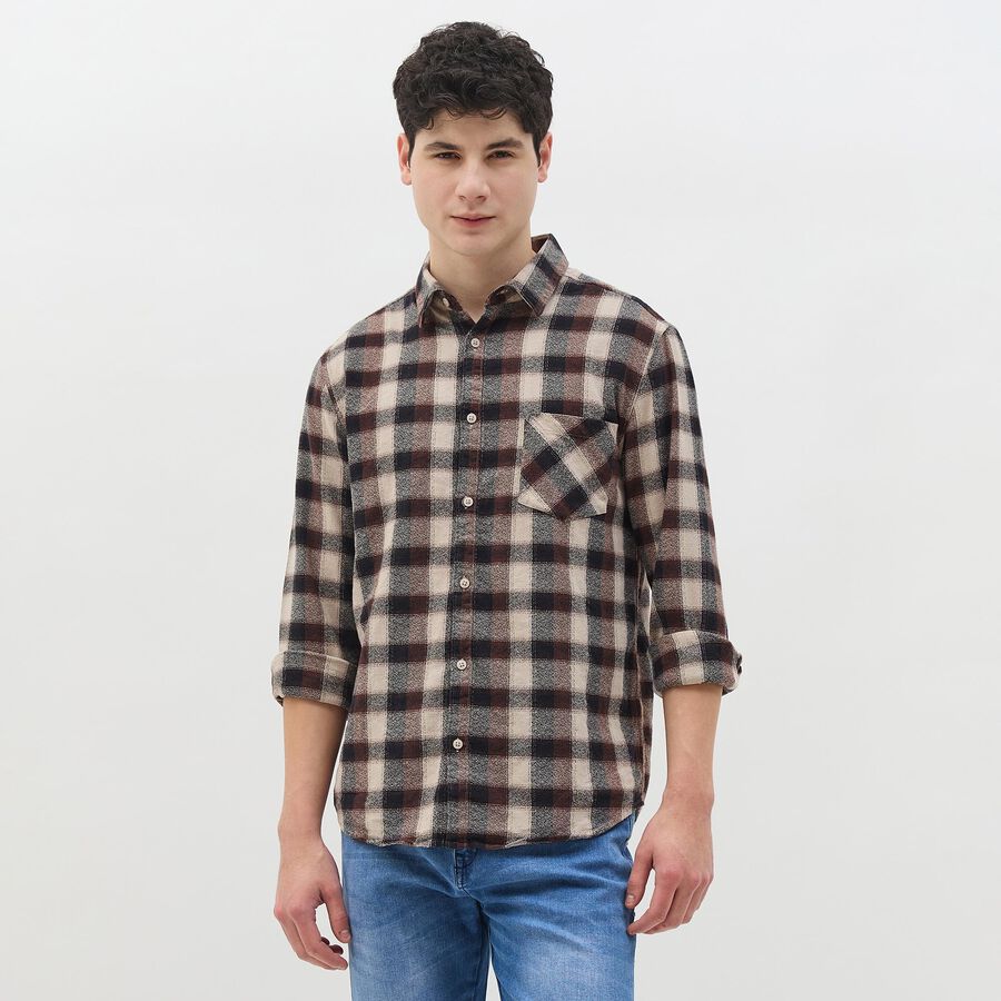 Men's Brown Cotton Classic Collar Casual Shirt, Brown, large