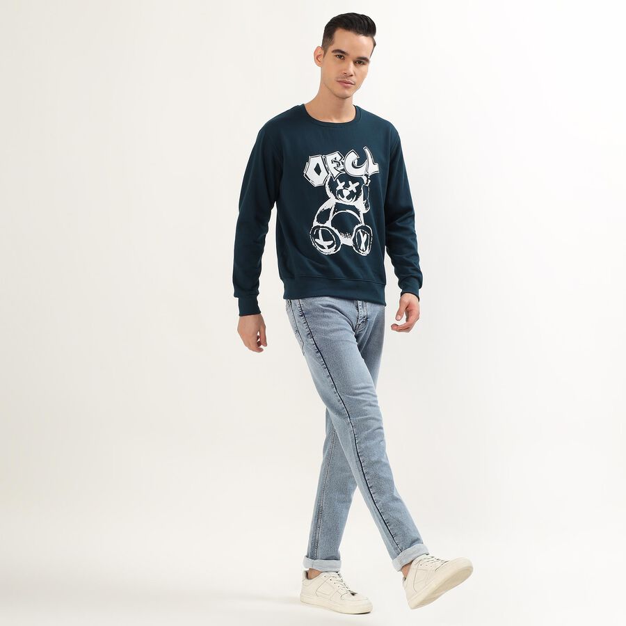 Men's Deep Navy Blue Crew Neck Graphic Sweatshirt, Teal Blue, large image number null
