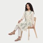 Women's Dark Blue Mandarin Collar Floral Printed Straight Kurta, Dark Blue, small