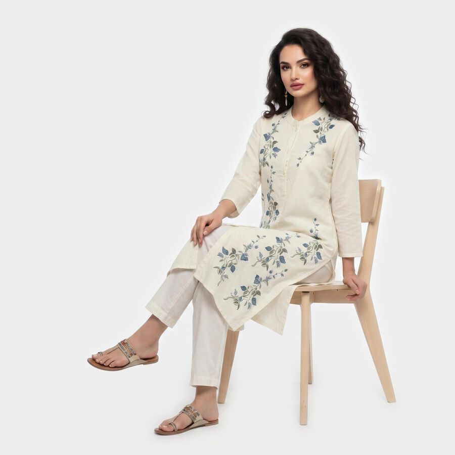 Women's Dark Blue Mandarin Collar Floral Printed Straight Kurta, Dark Blue, large
