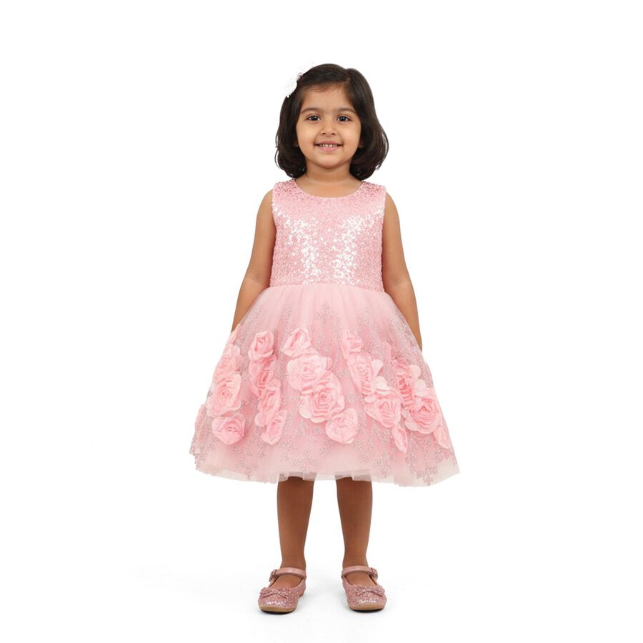 Girls' Light Pink Sequin and Floral Sleeveless Party Frock, हल्का गुलाबी, large