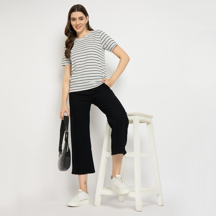 Ladies'  Stripes Round Neck T-Shirt, Melange Light Grey, large image number null