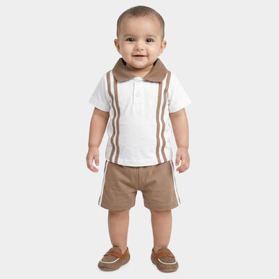 Infants' White Cotton Polo Neck Striped Baba Suit