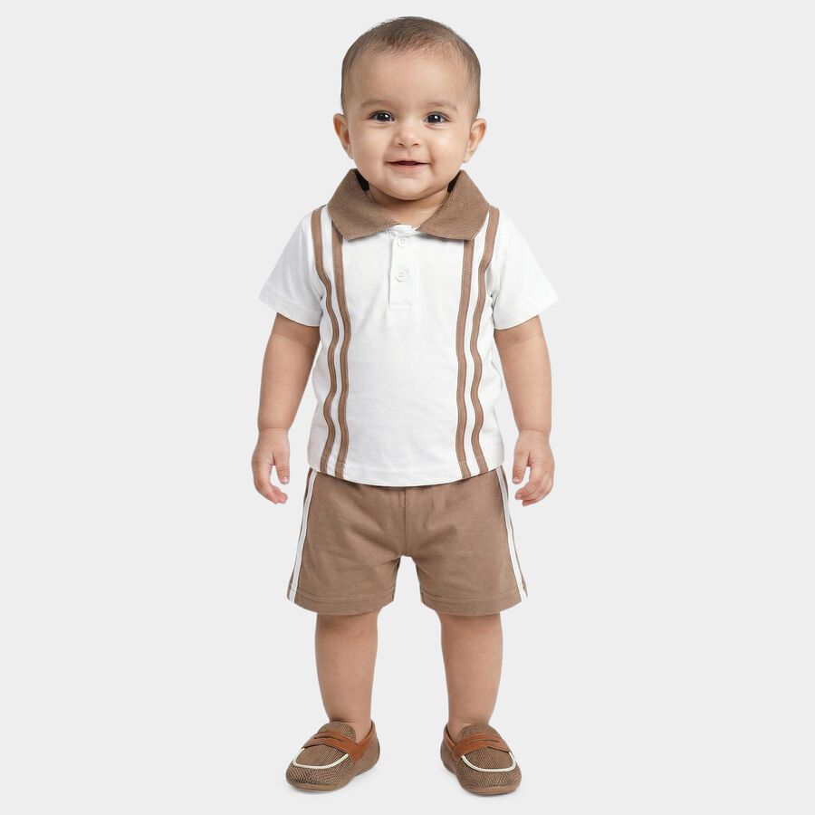 Infants' White Cotton Polo Neck Striped Baba Suit, सफ़ेद, large