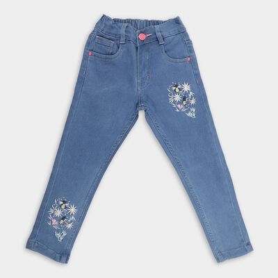 Girls' Stonewashed Blue Regular Fit Embroidered Jeans