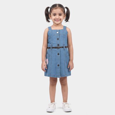 Girls' Blue A-Line Button Front Belted Frock