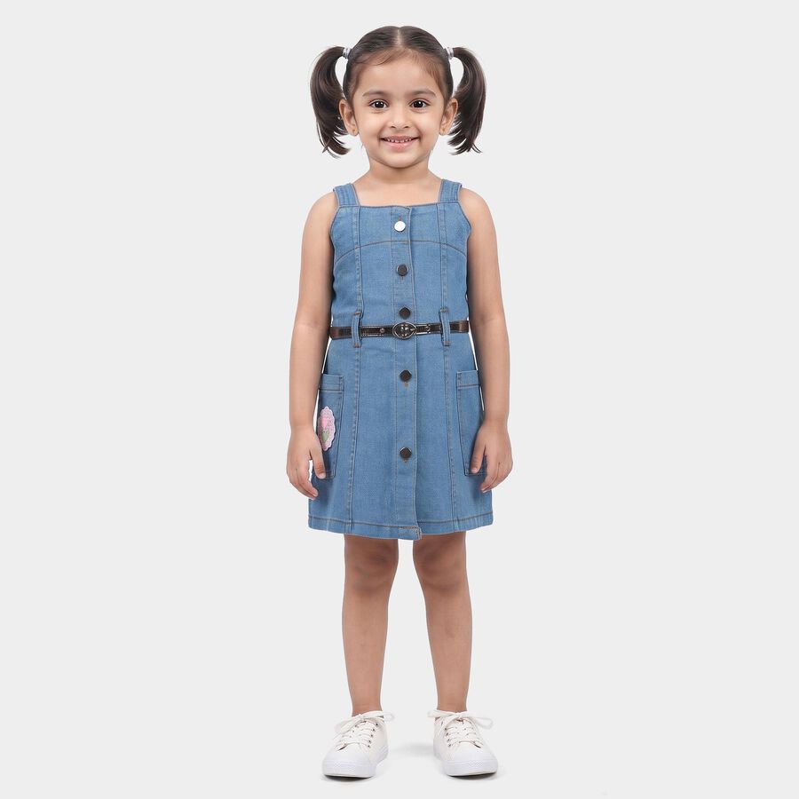 Girls' Blue A-Line Button Front Belted Frock, मध्यम नीला, large