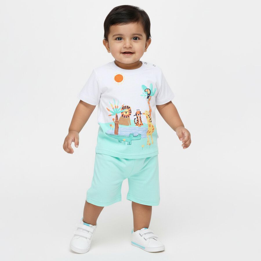 Infants' Light Green Cotton Round Neck Cartoon Printed Baba Suit, Light Green, large image number null