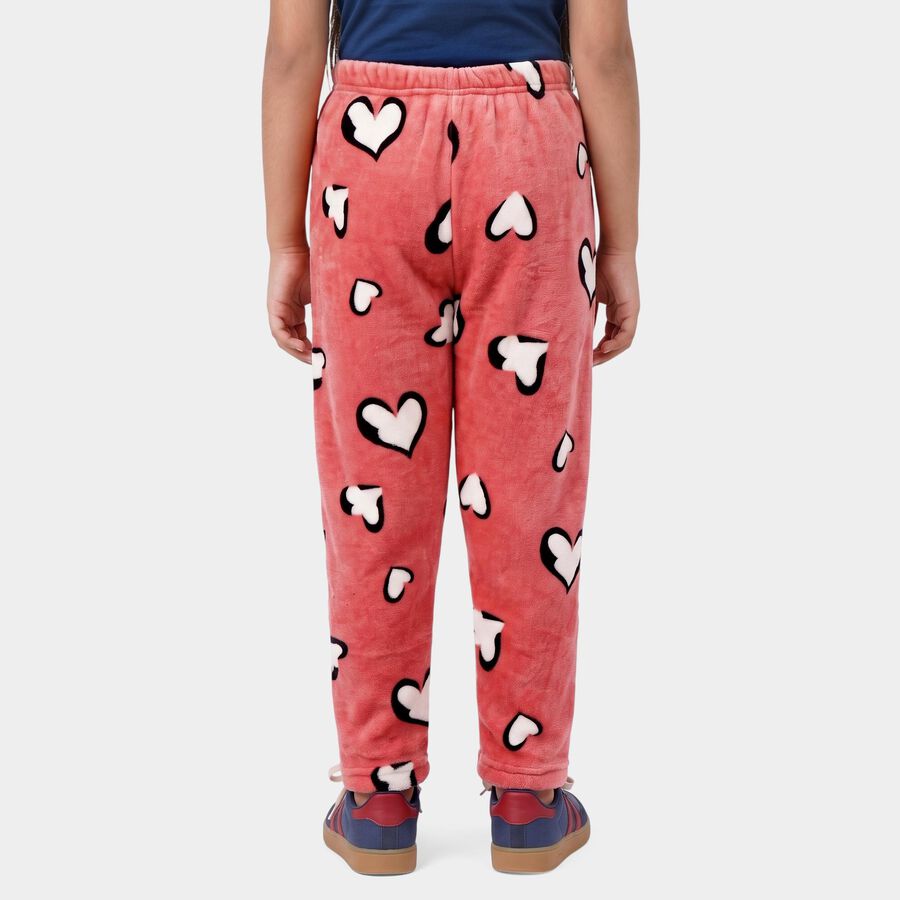 Girls' Pink Regular Fit Heart Print Winter Pyjama, Pink, large