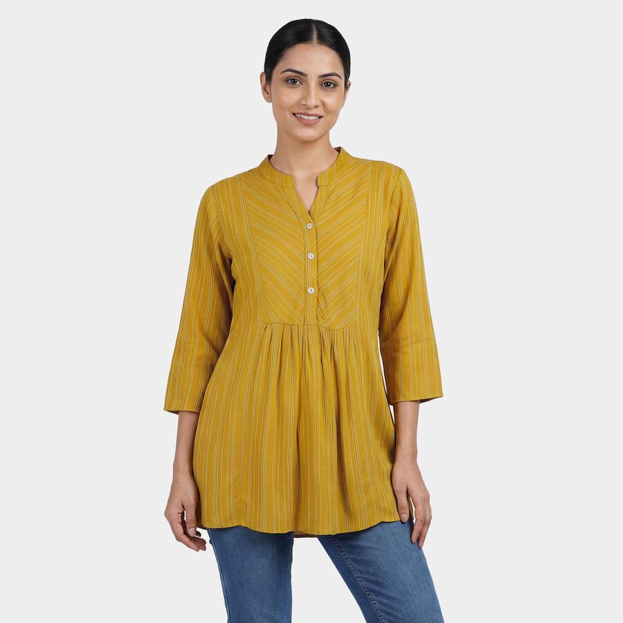 Women's Yellow Mandarin Collar Printed Straight Kurti, Mustard, large