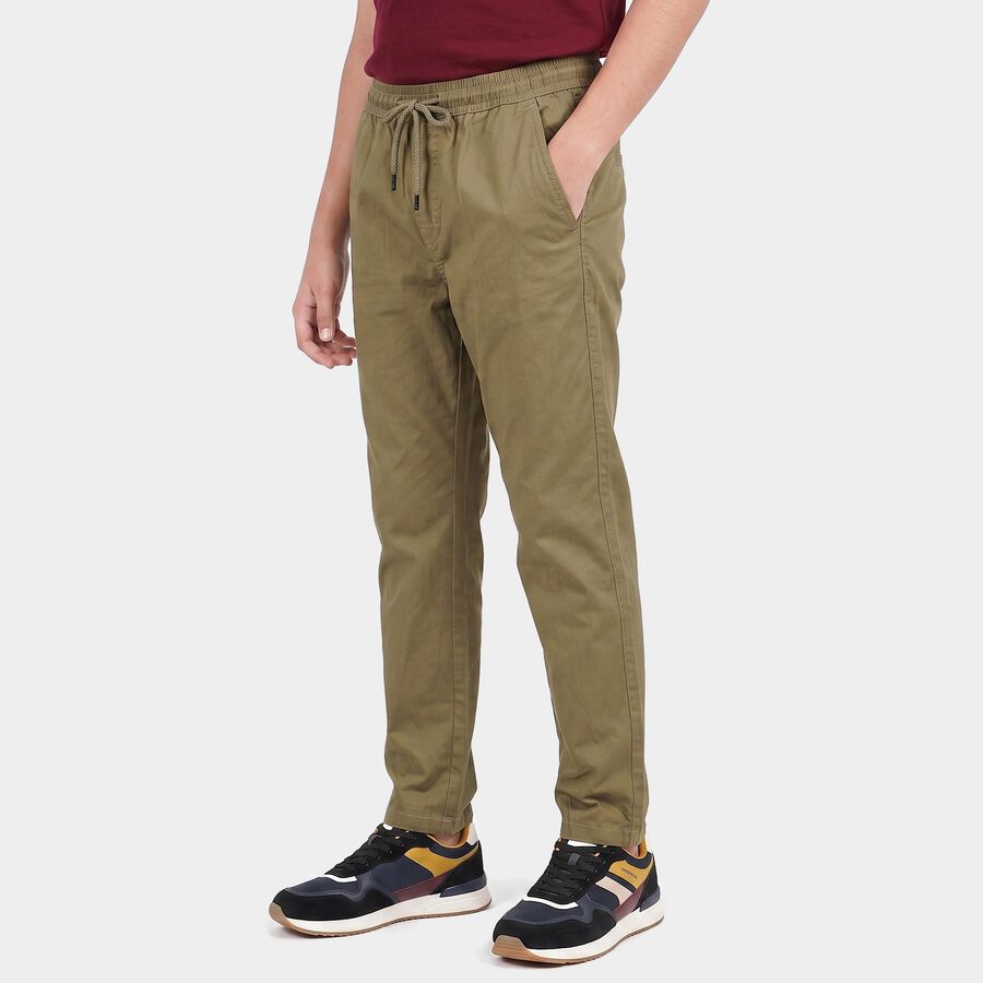 Boys' Olive Green Straight Fit Drawstring Waist Trousers, ओलिव, large