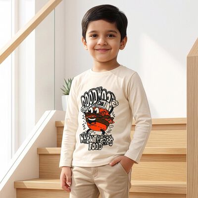 Boys Beige Cotton Blend Round Neck Regular Boys T-Shirt