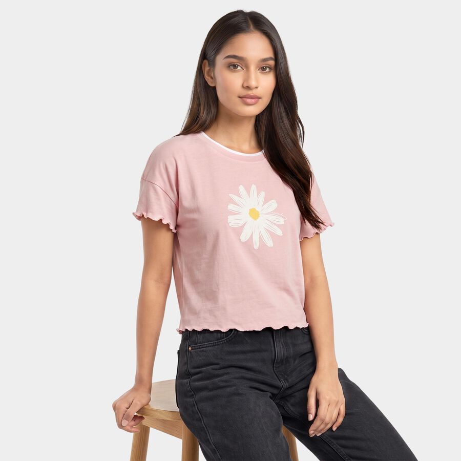 Women's Pink Cotton Round Neck Regular T-Shirt, Light Pink, large