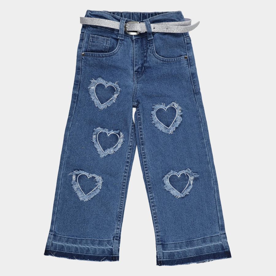 Girls' Blue Relaxed Fit Heart Patch Jeans, Mid Blue, large