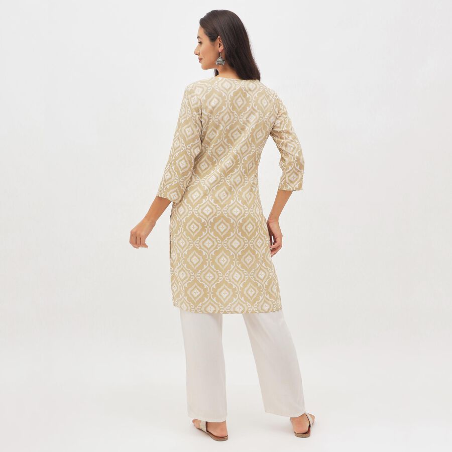Women's Beige V-Neck Printed Kurta, गहरा पीला, large image number null