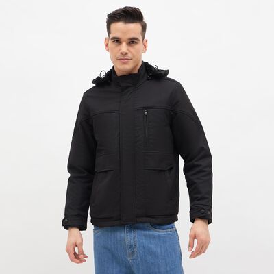 Men's Jet Black High Neck Hooded Casual Jacket