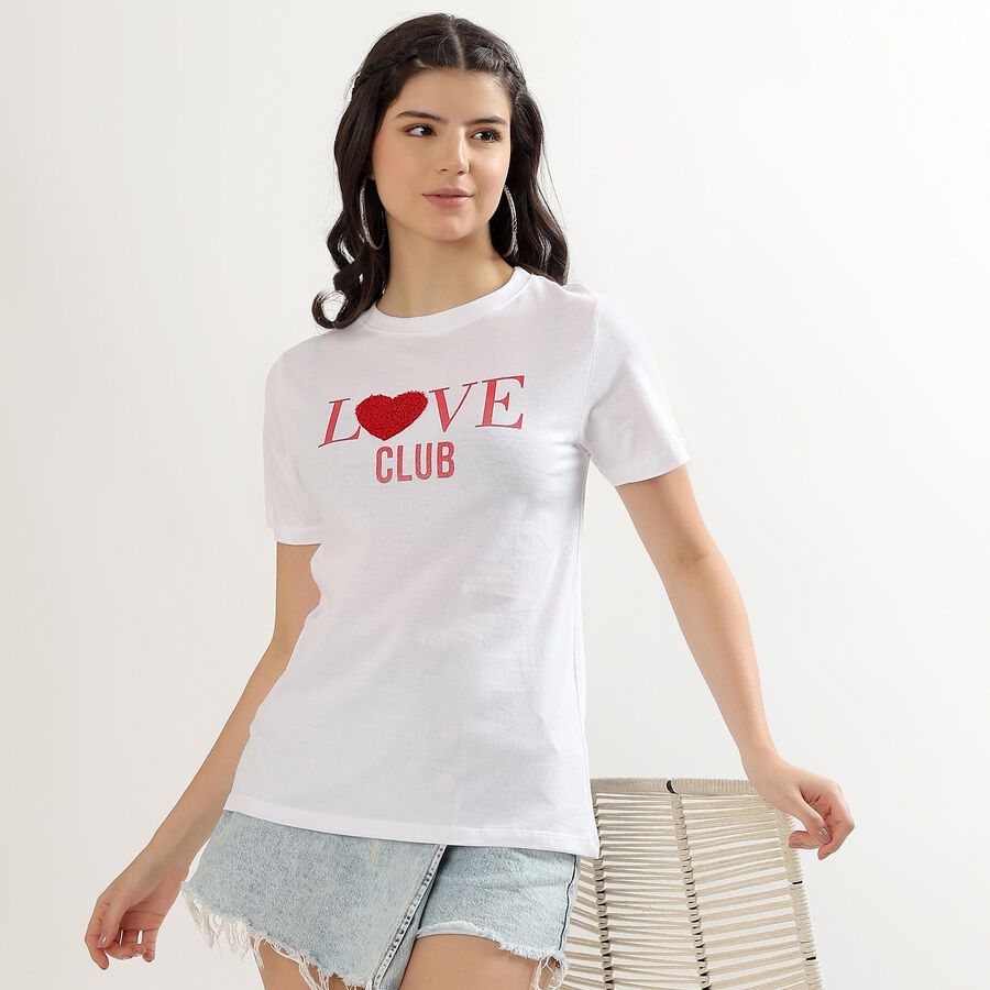 Women's Bright White Round Neck Casual T-Shirt, White, large