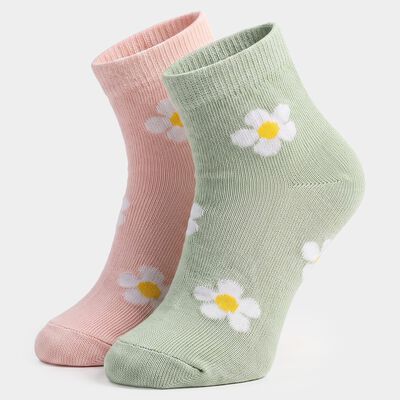 Girls' Regular Fit Floral Pack of 2 Socks ( Pink, Green )
