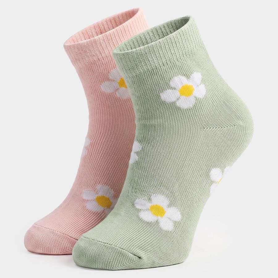 Girls' Regular Fit Floral Pack of 2 Socks ( Pink, Green ), हल्का गुलाबी, large