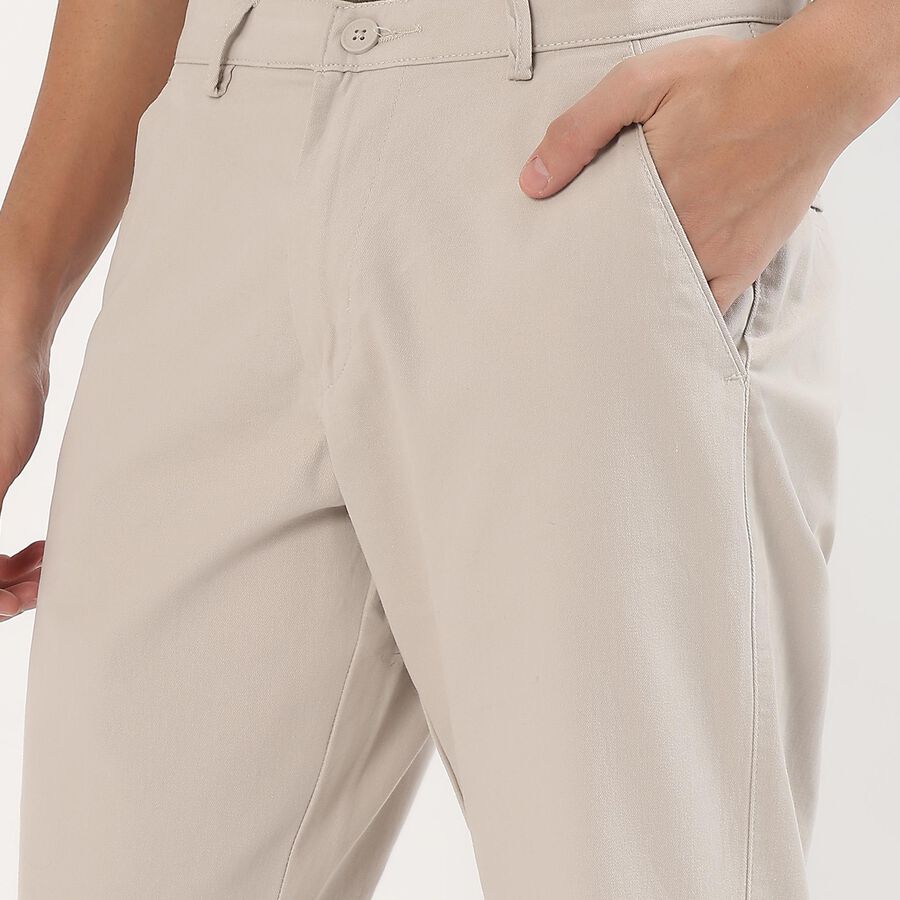 Men's Light Beige Slim Fit Flat-Front Casual Trousers, सिल्वर, large image number null