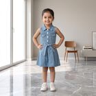 Girls' Light Blue Fit and Flare Belted Shirt Collar Frock, Light Blue, small
