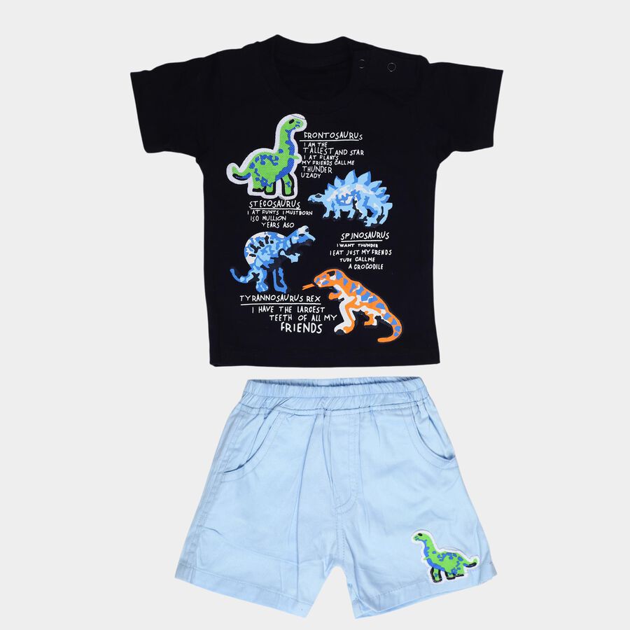 Infants' Navy Blue 100% Cotton Round Neck Dinosaur Printed Baba Suit, Navy Blue, large