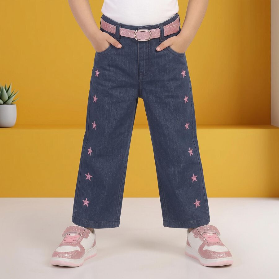 Girls Navy Blue Wide Leg Star Jeans, Dark Blue, large