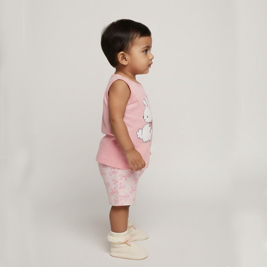 Infant Girl Soft Pink Cotton Sleeveless Casual Shorts Set, गुलाबी, large image number null