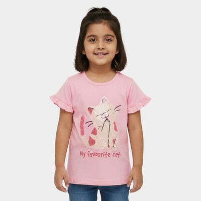 Girls' Pink Cotton Round Neck Ruffle Sleeve Sequined T-Shirt
